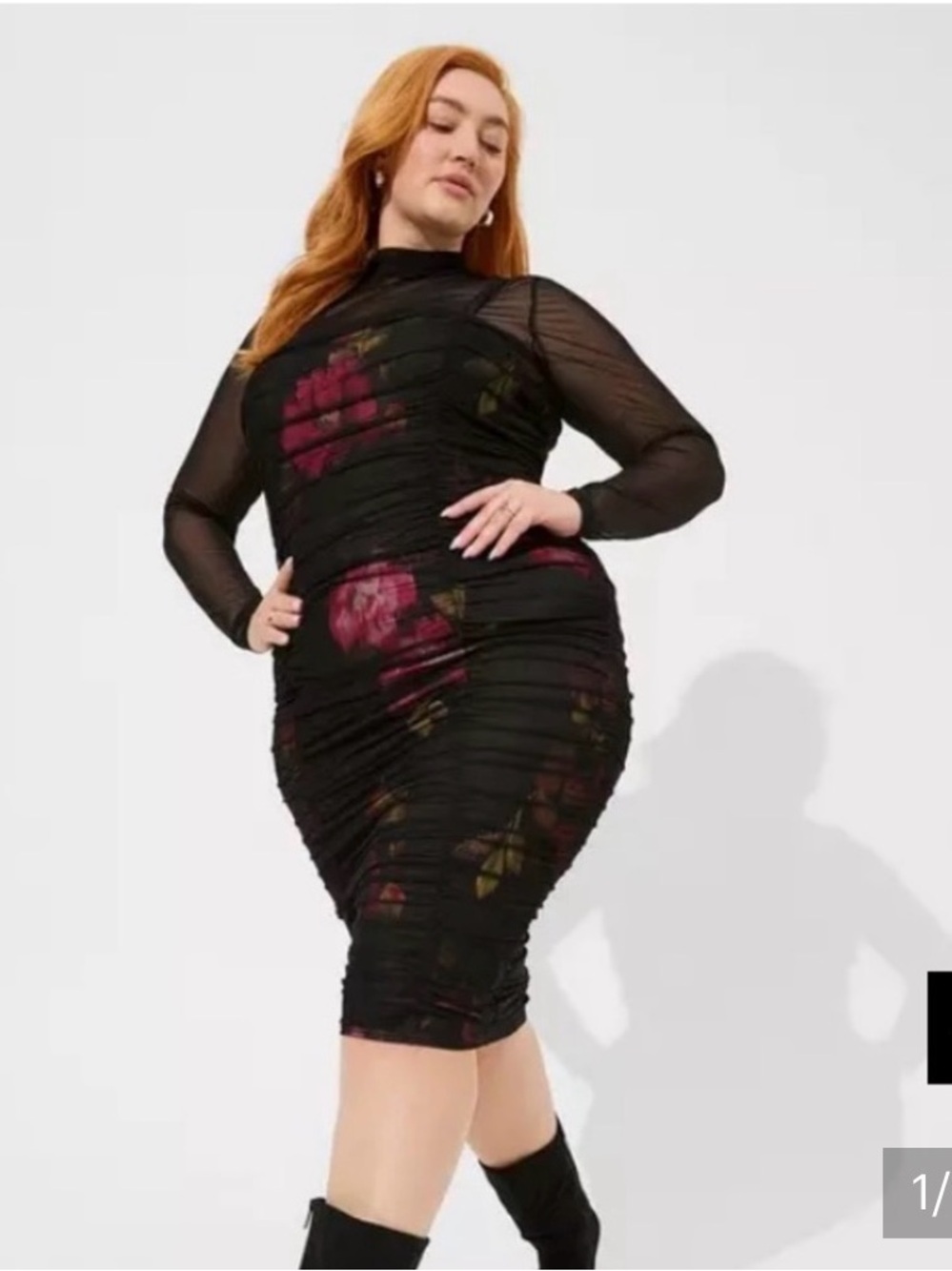 EUC- Torrid Black Floral Ruched Midi Dress with Pink Accents -Super flattering!!